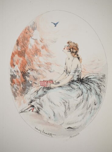 Jeune femme et l’oiseau libéré, Gravure originale signée von Louis Icart, Druck kaufen auf Singulart