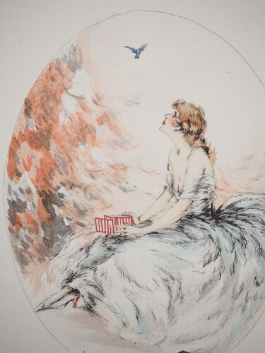 Jeune femme et l’oiseau libéré van Louis Icart, Afdruk te koop op Singulart