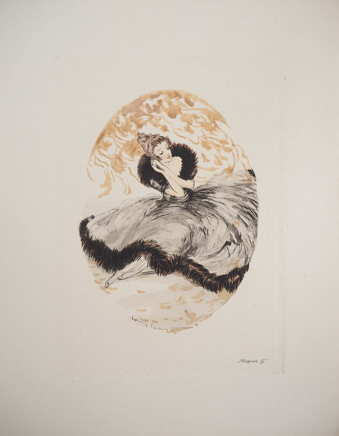 Jeune femme rêveuse, Gravure originale signée Louis Icart Druck zu verkaufen