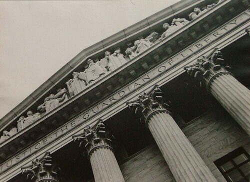 View of Columns and Sculpted Frieze, Entrace of US Supreme Court Building van Margaret Bourke-White, Fotografie te koop op Singulart