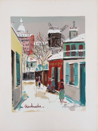 Montmartre, le Moulin de la Galette et le Sacré Coeur sous la neige, Lithographie signée par Maurice Utrillo, Édition en vente sur Singulart