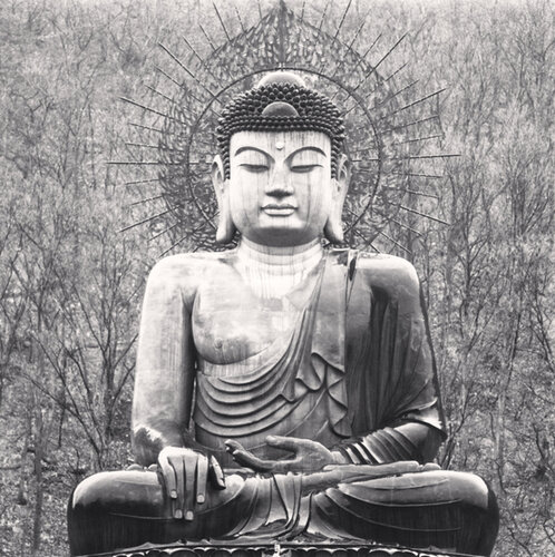 Sitting Buddha Statuary, Shin-Heung Temple, Gangwondo, South Korea di Michael Kenna, Fotografia in vendita su Singulart
