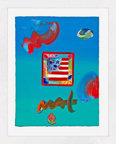 Flag with Heart (unique mixed media on paper) di Peter Max, Pittura in vendita su Singulart