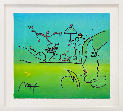 Umbrella Man with Profile (framed, original mixed media on paper) par Peter Max, Œuvre sur papier en vente sur Singulart