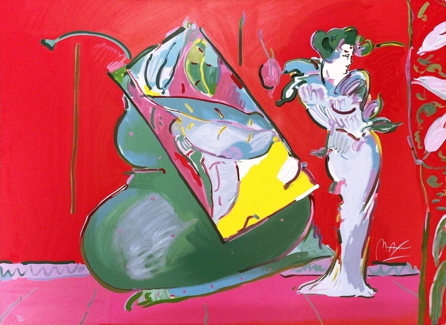 LADY ON RED WITH FLOATING VASE Peter Max