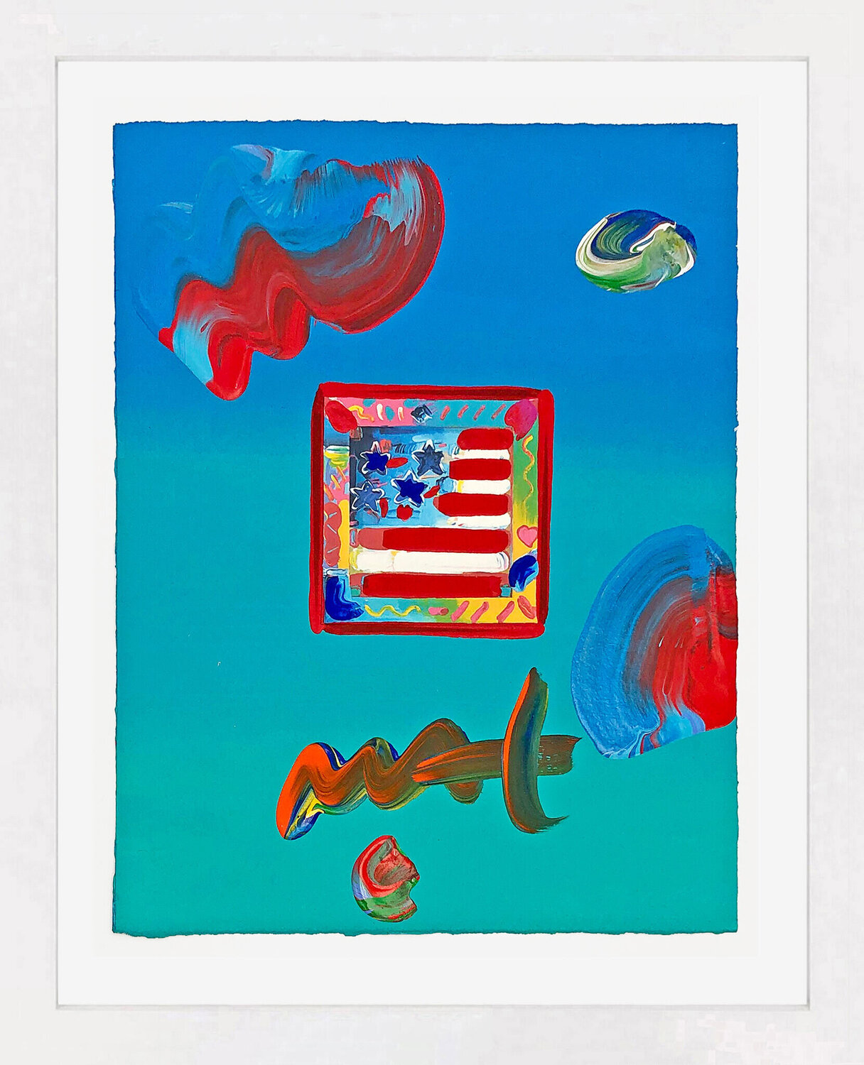 Flag with Heart (unique mixed media on paper) Peter Max