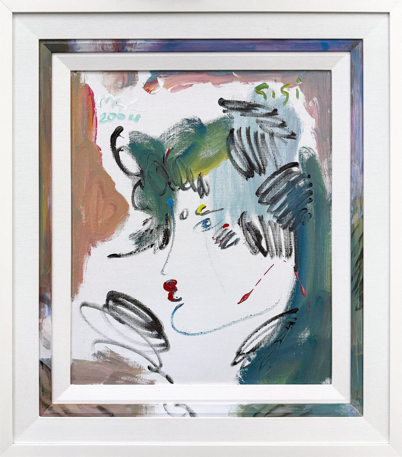 Profile (Green), custom framed original painting on canvas Peter Max