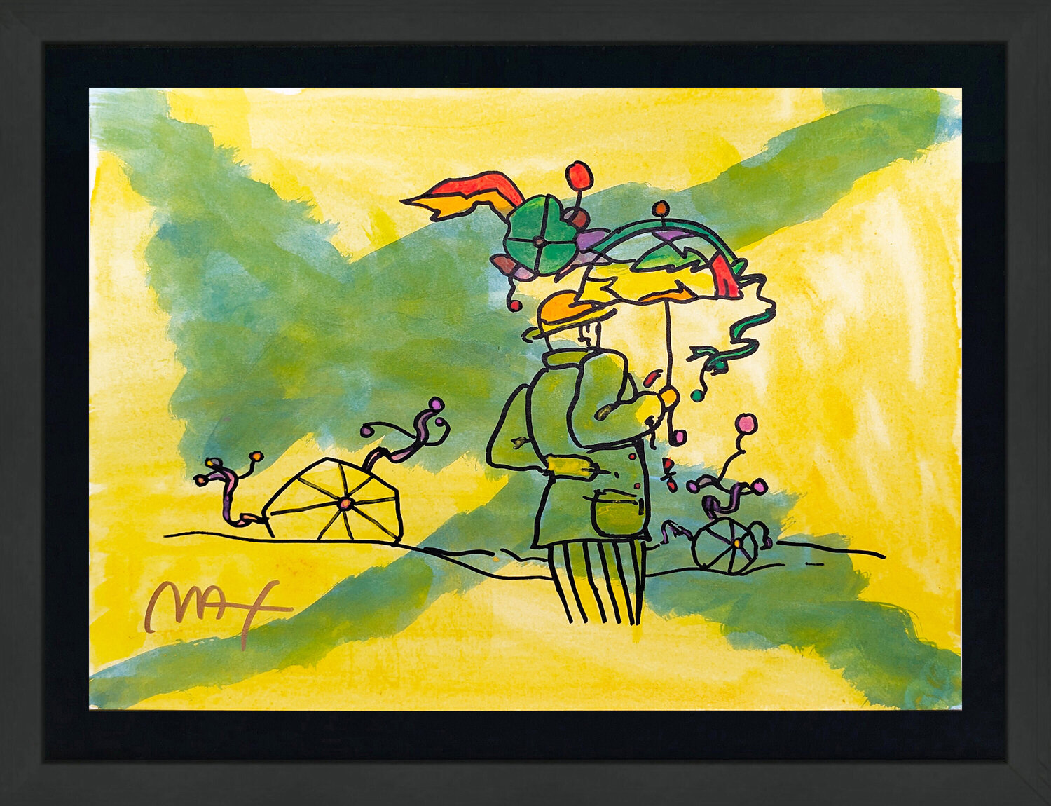 Umbrella Man (framed, original mixed media on paper) Peter Max