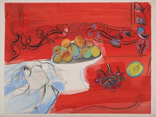 Pêches et cerises sur fond rouge Raoul Dufy