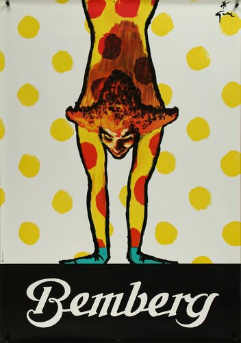J.P. BEMBERG Italian Poster 1980s clown doing handstand by Rene Gruau, Magnets in corners are for photography only and are not on the actual poster. van René Gruau, Afdruk te koop op Singulart