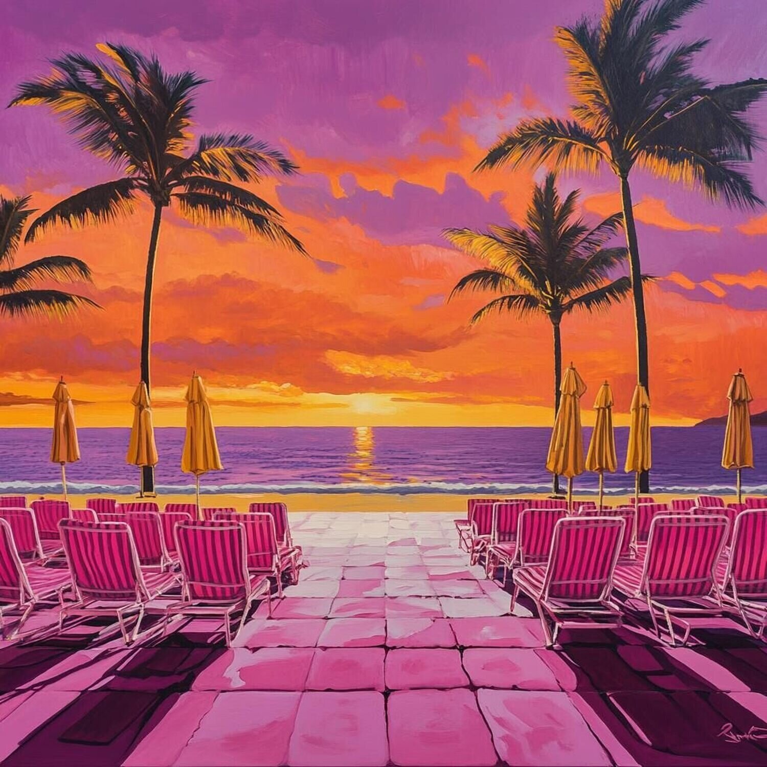 Sunset with Pink Loungers and Palm Trees Richard Prince Originalgemälde zu verkaufen