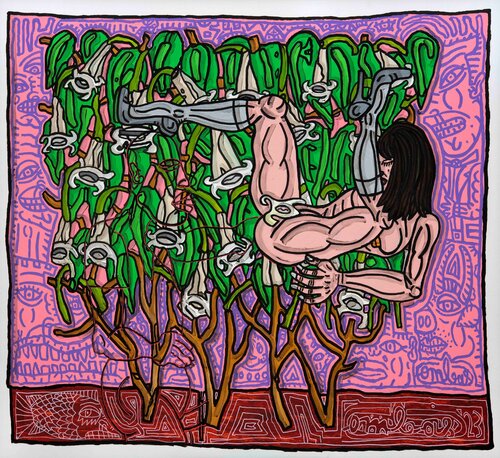 ENTREPRISE CACHÉE DANS UN ARBRE PLEIN DE FEUILLES Elle écarte les jambes comme le pistil d’une de ces plantes. Et lui il bave de plaisirs futiles von Robert Combas, Malerei kaufen auf Singulart