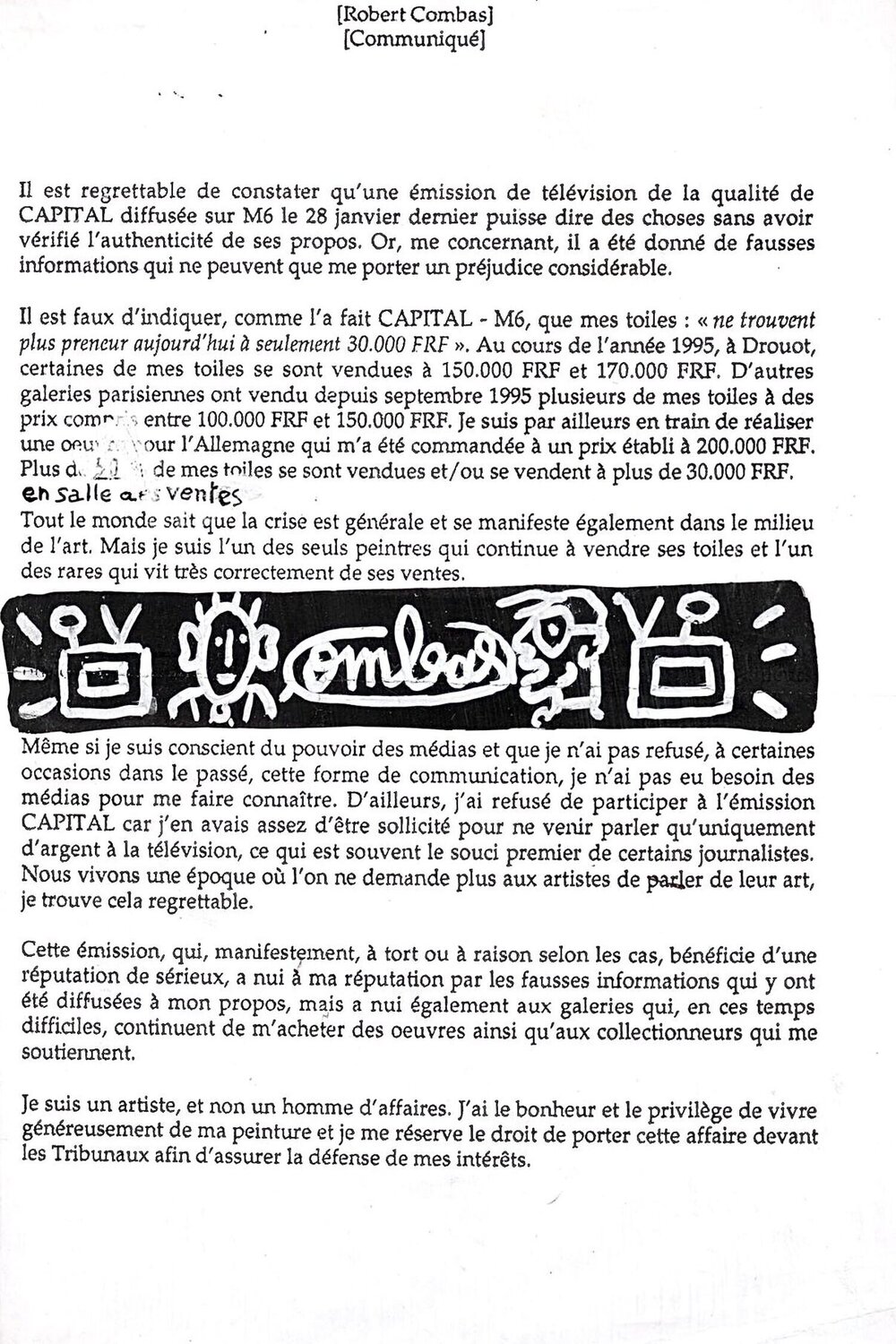 Lettre à Capital Robert Combas Opera su carta in vendita