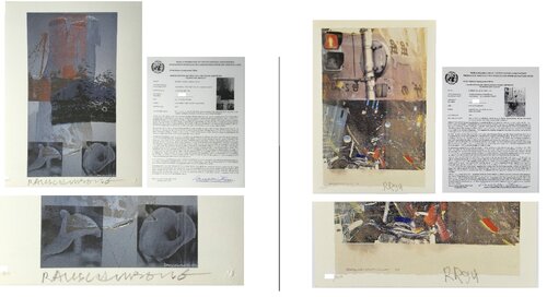 2-PIECE SET- "Bulkhead" & "Tanya's Veil", 1993/94, SIGNED Editions, WFUNA, w/ United Nations COA by Robert Rauschenberg, Print for Sale on Singulart