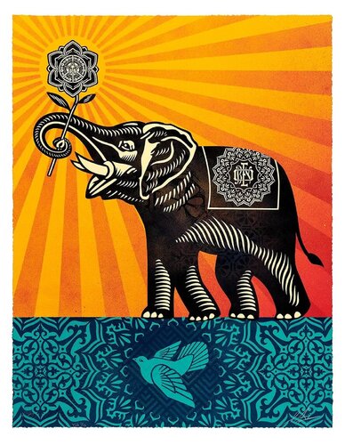 Peace Elephant VSE Blue Sunrise Colorway par Shepard Fairey, Œuvre sur papier en vente sur Singulart