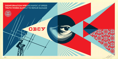 Disinformation Damage - Cream (Disinformation, Damage, Social Media, Politics, Credible Journalism, Lies) Shepard Fairey