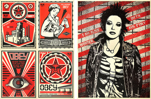 Levi's Edition Four Print Set: Factory, Propaganda Engineering, Stay Up Girl, Obey Eye van Shepard Fairey, Afdruk te koop op Singulart