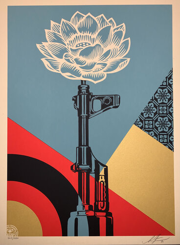 OBEY AK-47 Lotus Shepard Fairey Print Signed and Numbered Street Art Vietnam War Peace van Shepard Fairey, Afdruk te koop op Singulart
