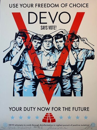 Shepard Fairey "DEVO" Vote! Print Signed By Shepard Fairey, Mark Mothersbaugh, Gerald Casale, and Bob Mothersbaugh. par Shepard Fairey, Édition en vente sur Singulart