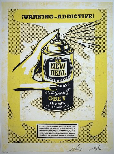 Shepard Fairey Print "Warning Addictive" Spray Print Screen Print Dual Signature Street Art par Shepard Fairey, Édition en vente sur Singulart