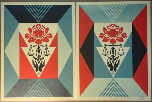 Shepard Fairey "Cultivate Justice" Blue & Red Diptych Matching Numbered Set par Shepard Fairey, Édition en vente sur Singulart