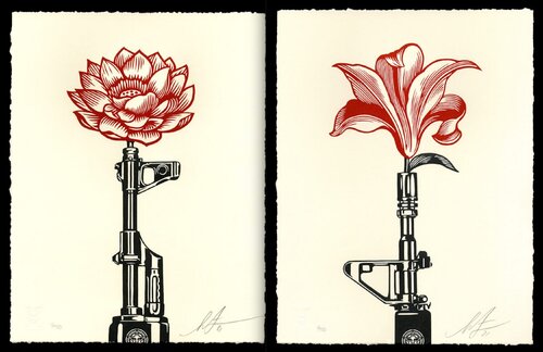 AK-47 Lotus & AR-15 Lily (Set of 2 Works) par Shepard Fairey, Édition en vente sur Singulart