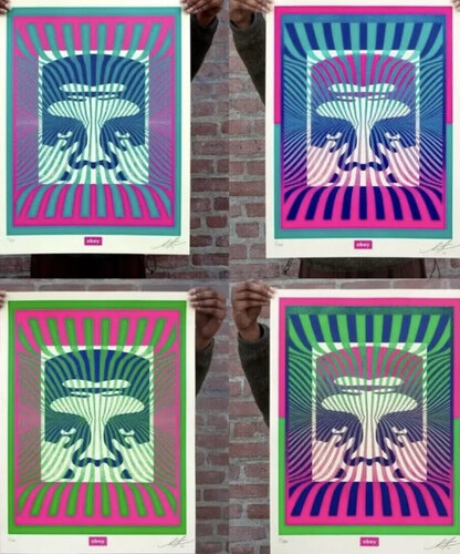 Shepard Fairey Set Of 4 Screenprints OP-ART ICON Aqua, Aqua Gradient, Green, Green Gradient Fine Art Contemporary Street par Shepard Fairey, Édition en vente sur Singulart