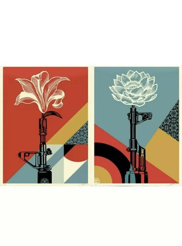 Shepard Fairey OBEY AK-47 LOTUS & AR-15 LILY Signed & Numbered Vietnam War Prints Diptych par Shepard Fairey, Édition en vente sur Singulart