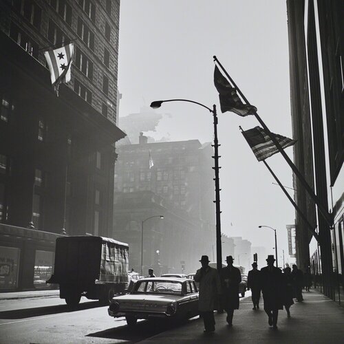 VM19XXW03181 American Flags Street Scene van Vivian Maier, Fotografie te koop op Singulart