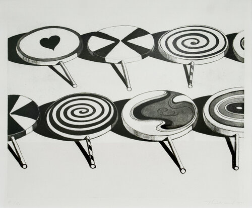Black Suckers, from Seven Still Lifes and a Silver Landscape di Wayne Thiebaud, Stampa in vendita su Singulart