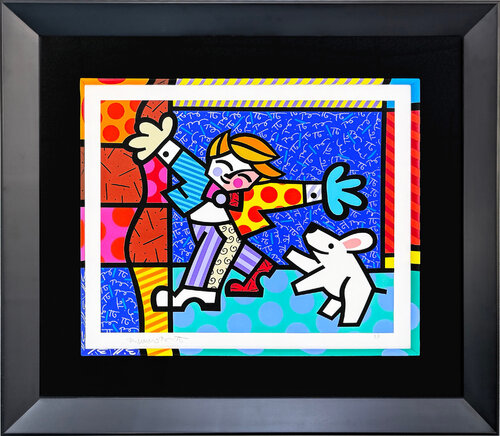 Brendan And The Wishing Dog (custom framed hand signed screen print) di Romero Britto, Stampa in vendita su Singulart