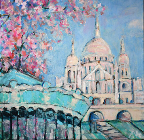 Sacré-Cœur in Blooming Magnolia par Ana Smarż, Peinture en vente sur Singulart