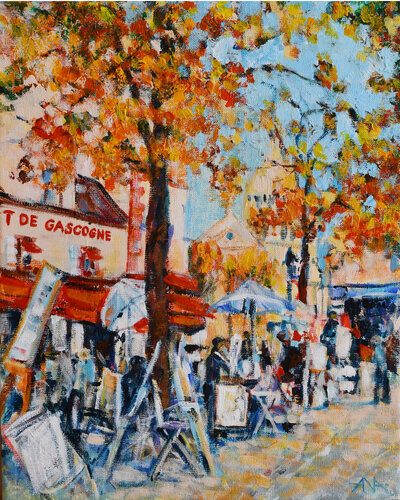 Au Cadet de Gascogne – Golden Autumn in Montmartre von Ana Smarż, Malerei kaufen auf Singulart