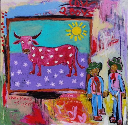 Two boys and cow di Serge Berezjak, Pittura in vendita su Singulart
