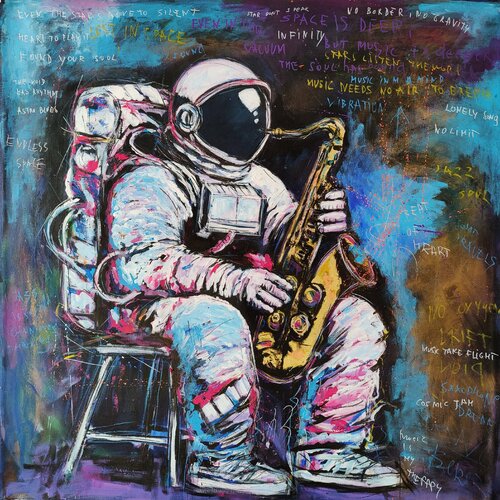 Astronaut with saxophone van Serge Berezjak, Schilderij te koop op Singulart