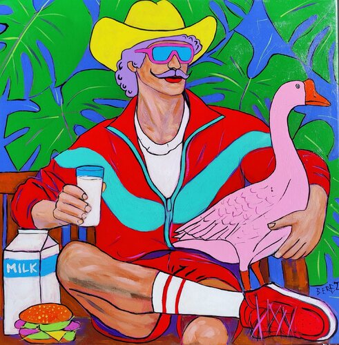 Cowboy Milk with His Goose by Serge Berezjak, Painting for Sale on Singulart