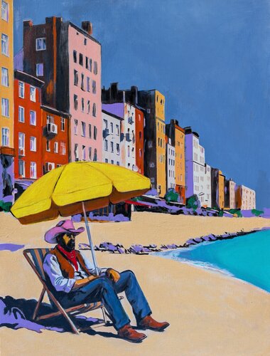 Retired Cowboy Relaxing by the Sea by Serge Berezjak, Painting for Sale on Singulart