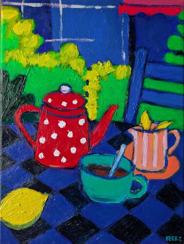 Red Polka Dot Teapot van Serge Berezjak, Schilderij te koop op Singulart