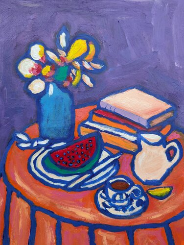 Still Life with Watermelon and Books de Serge Berezjak, Pintura a la venta en Singulart