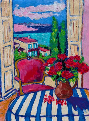 Summer Terrace with Red Flowers by Serge Berezjak, Painting for Sale on Singulart
