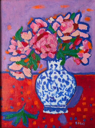 Peonies in a Blue Vase by Serge Berezjak, Painting for Sale on Singulart