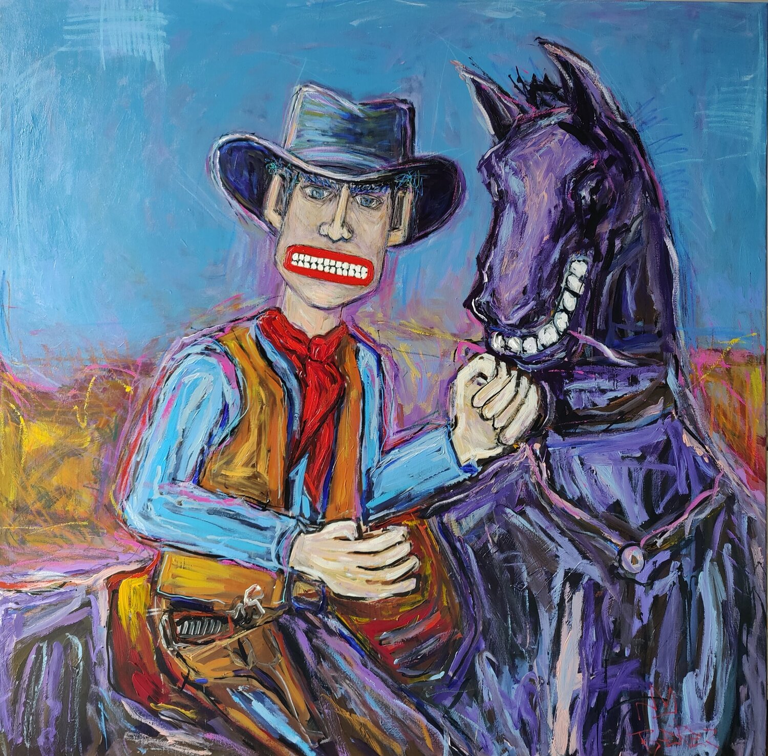 Cowboy and His Grinning Horse Serge Berezjak Originalgemälde zu verkaufen
