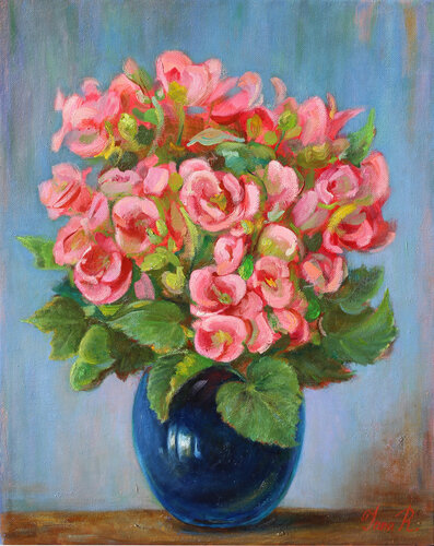Flowers in a blue vase di Yana Ros, Pittura in vendita su Singulart
