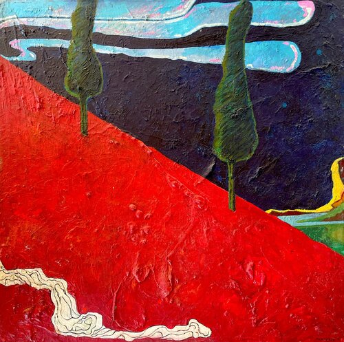 Cipressi e prato rosso van Mauro Caracuzzo, Schilderij te koop op Singulart