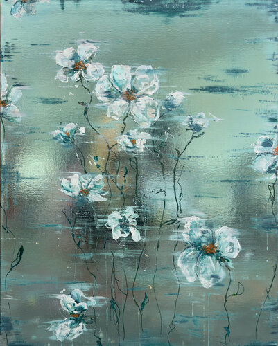 Mirroing Art "White Flowers" van Nathali von Kretschmann, Schilderij te koop op Singulart