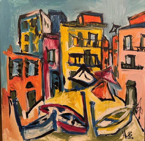 Manarola, La piazza van Hélène Barraud, Schilderij te koop op Singulart