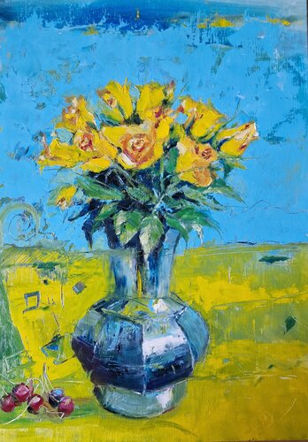 Yellow roses in a vase by Svetla Dzhelepova, Painting for Sale on Singulart