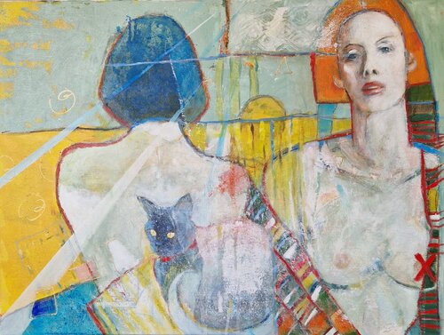 Girls with a black cat di Svetla Dzhelepova, Pittura in vendita su Singulart