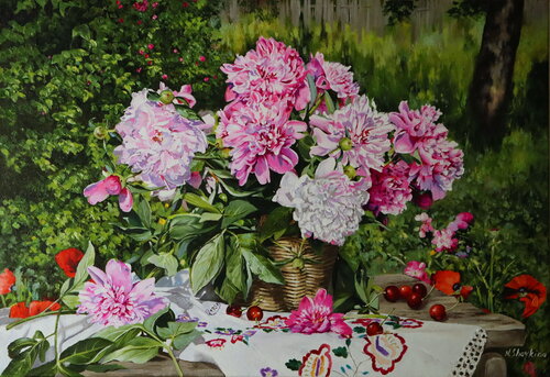 White and pink peonies in a basket von Nataliia Shaikina, Malerei kaufen auf Singulart