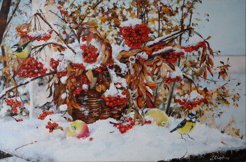 Ruby Red Berries in Snow de Nataliia Shaikina, Pintura a la venta en Singulart